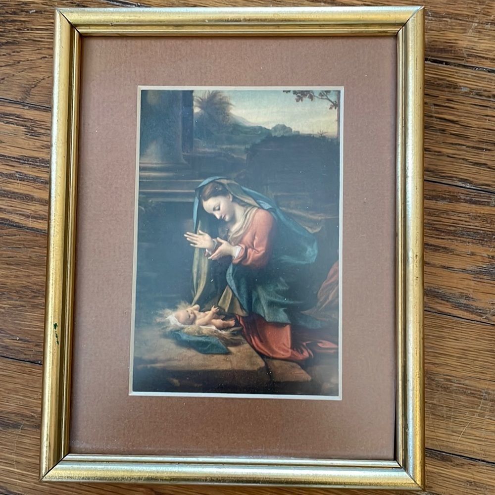 Vtg Mary adoring  baby‎ Jesus print in gold frame Christmas picture by Correggio